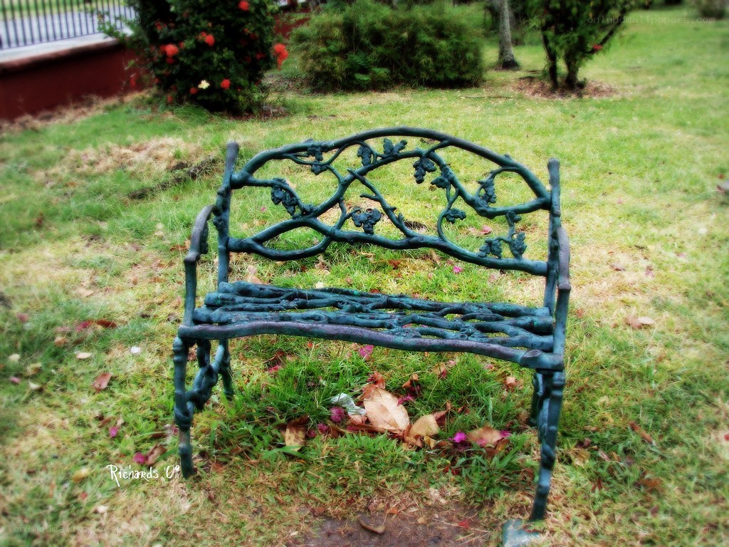 ornate bench in garden