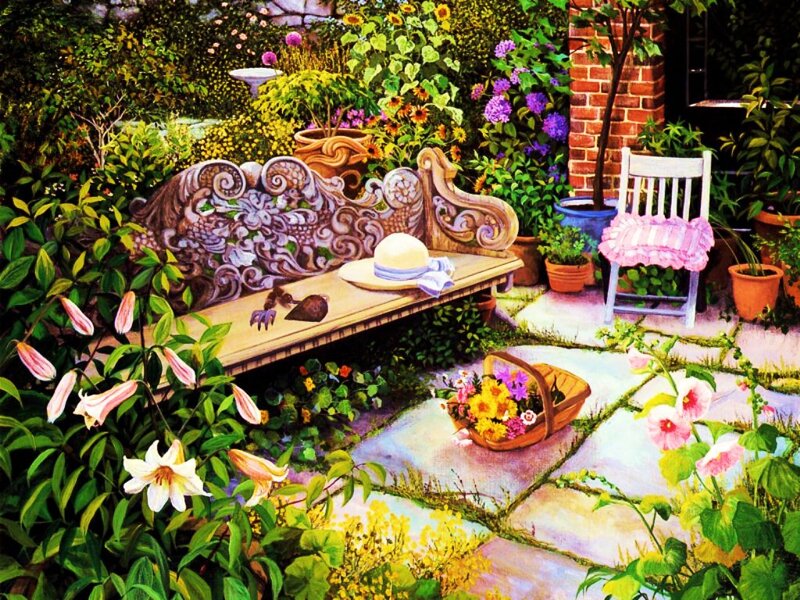 Ornate Bench in Garden — Green, Serene, Afternoon, Painting