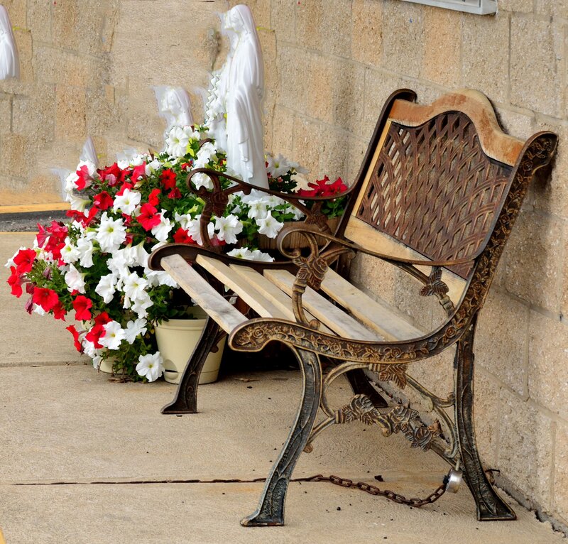Ornate Bench with Flowers — Brown