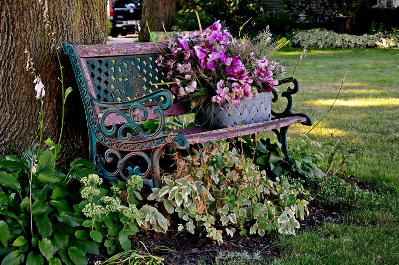 Ornate Bench with Flowers — Green