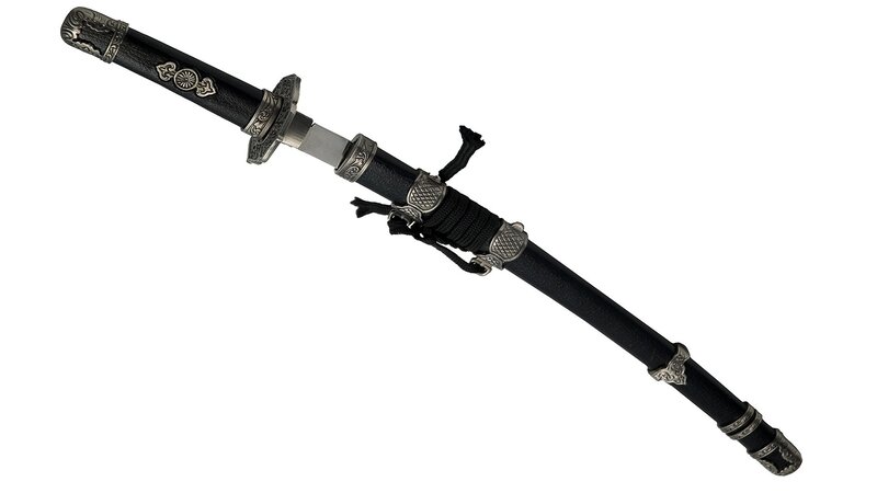 ornate black sword with silver fittings