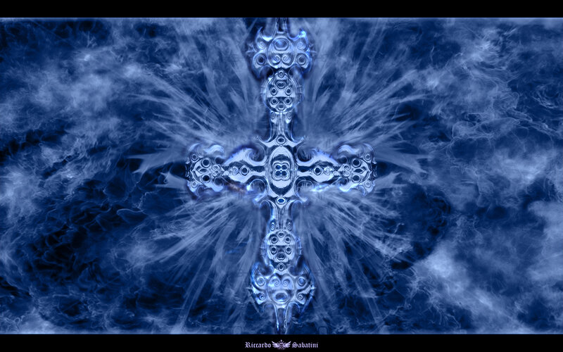 Ornate blue cross with smoke