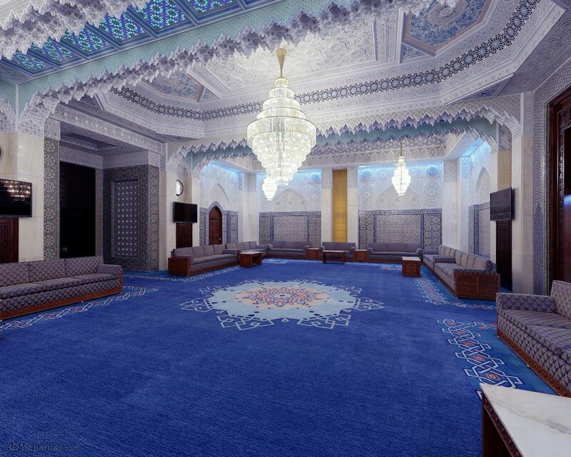 ornate blue hall with chandelier