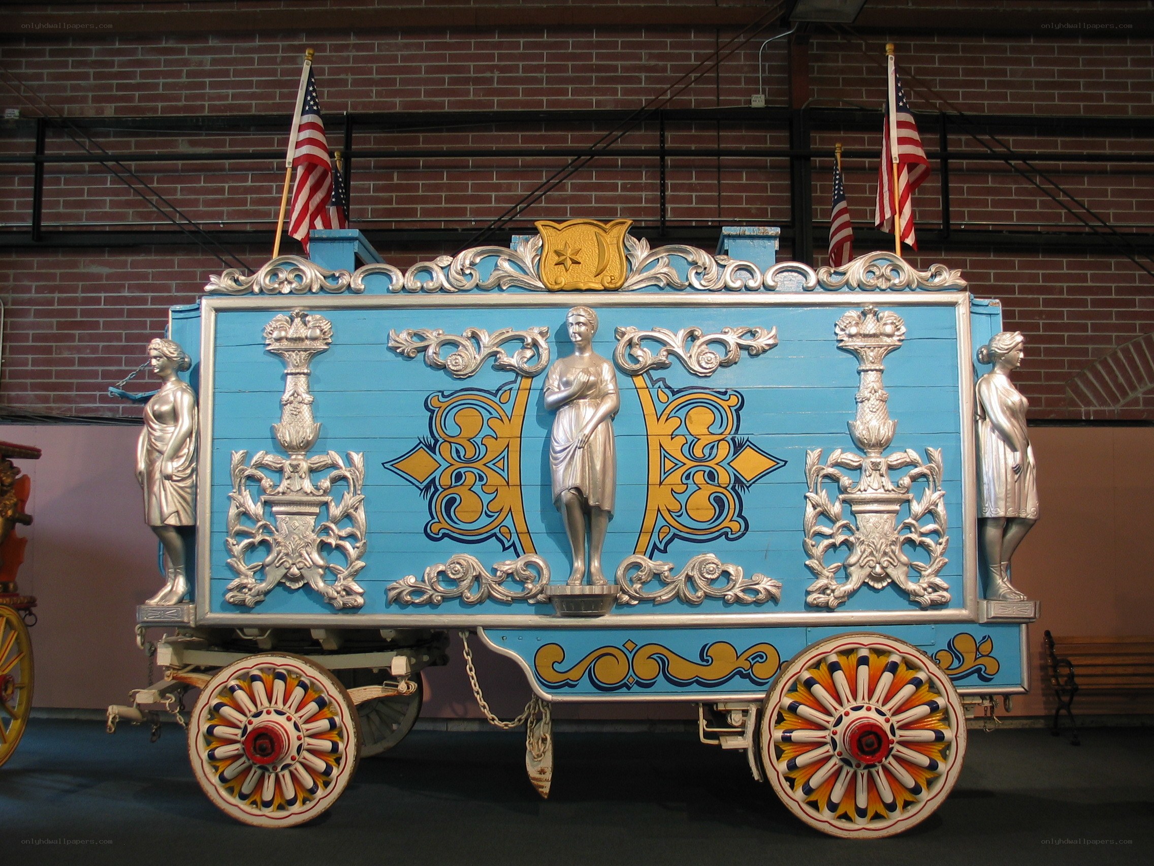 ornate blue parade wagon