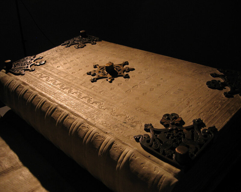 ornate book cover with metal fittings