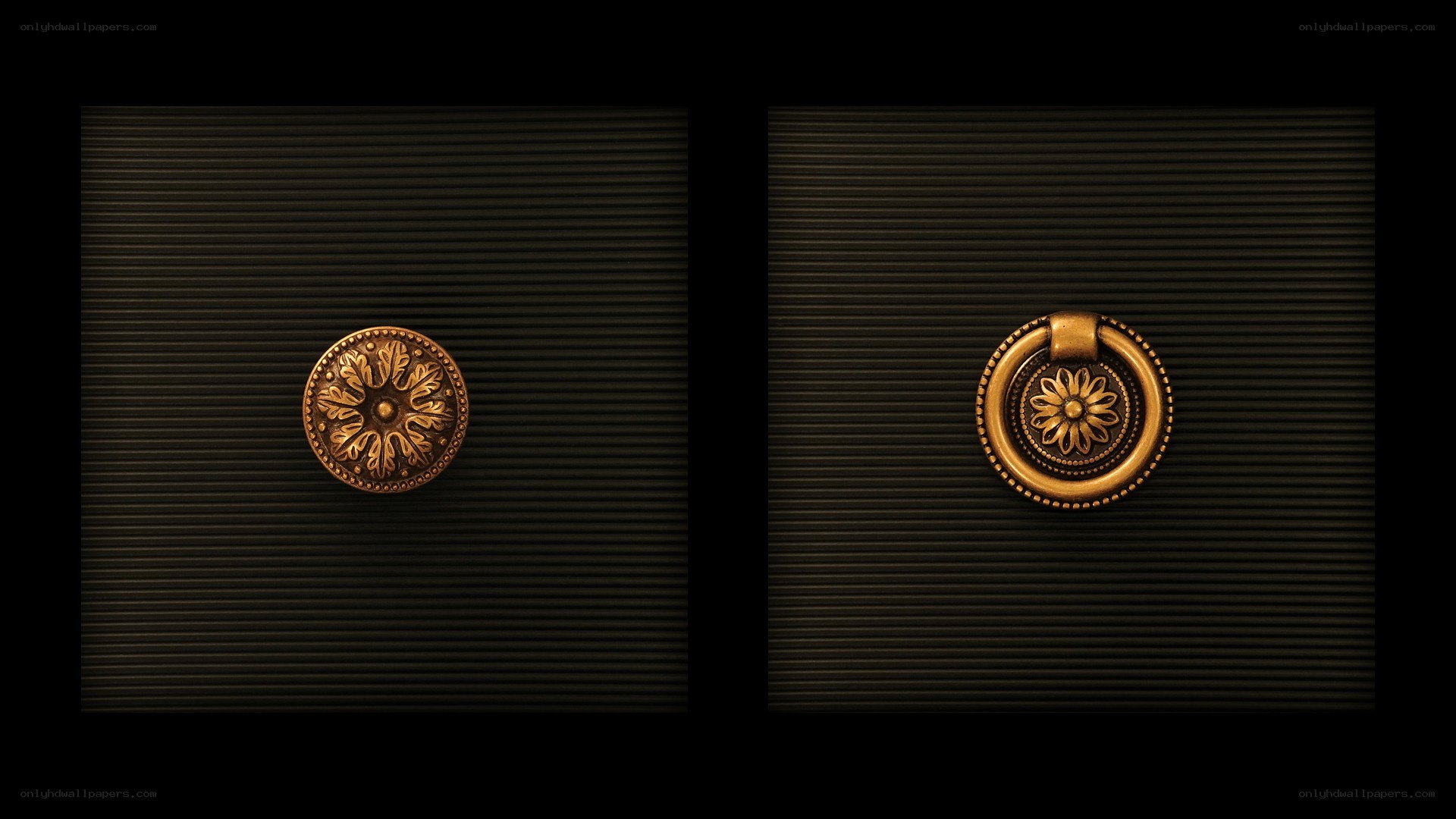 ornate brass hardware on dark panels