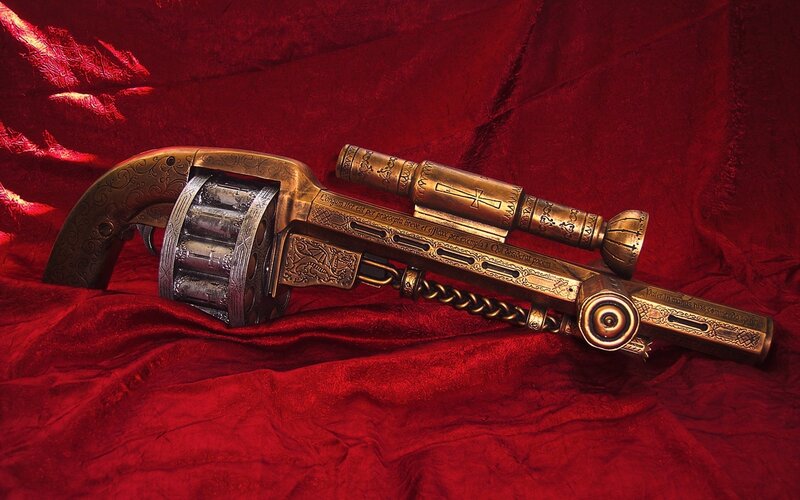 Ornate Brass Revolver — Red
