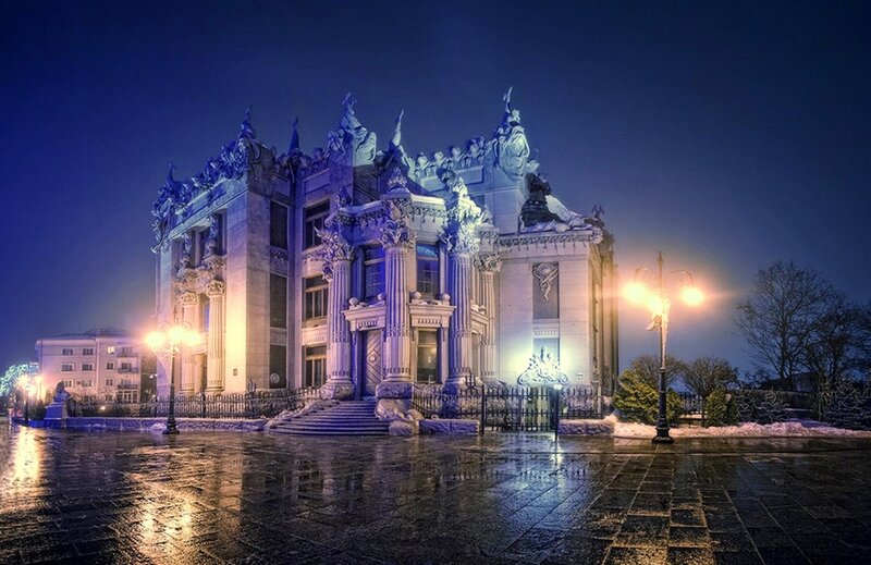 Ornate Building at Night — Blue