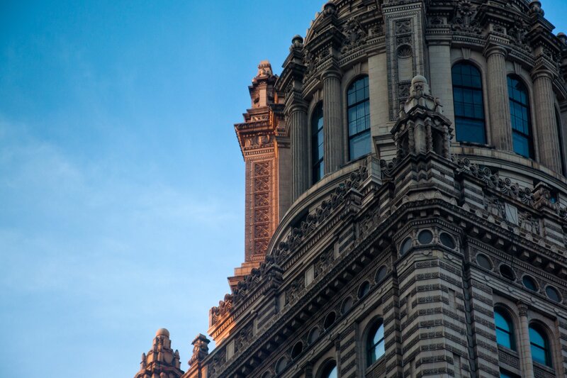 Ornate Building Corner — Blue, Dramatic, Sunset