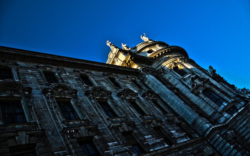 Ornate Building Facade — Blue, Dramatic, Night