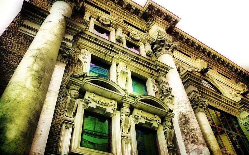 Ornate Building Facade — Green, Dramatic