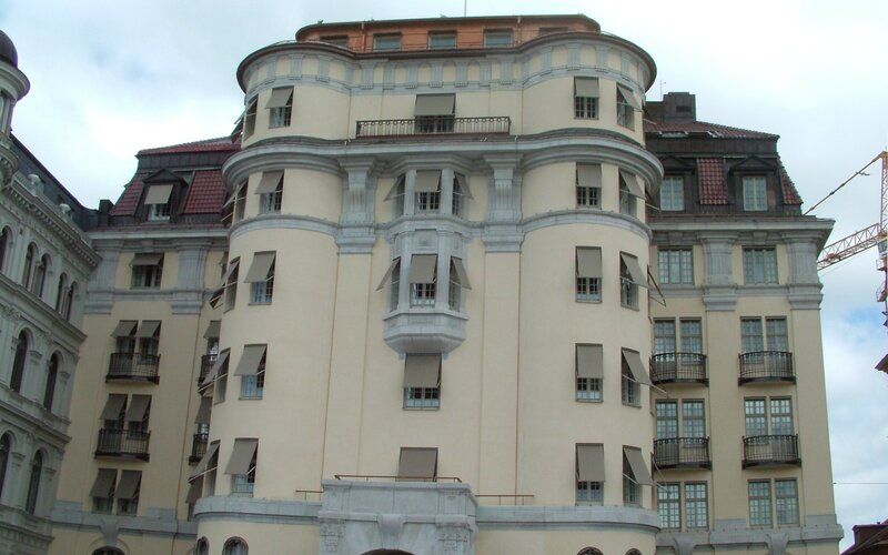 ornate building with bay windows
