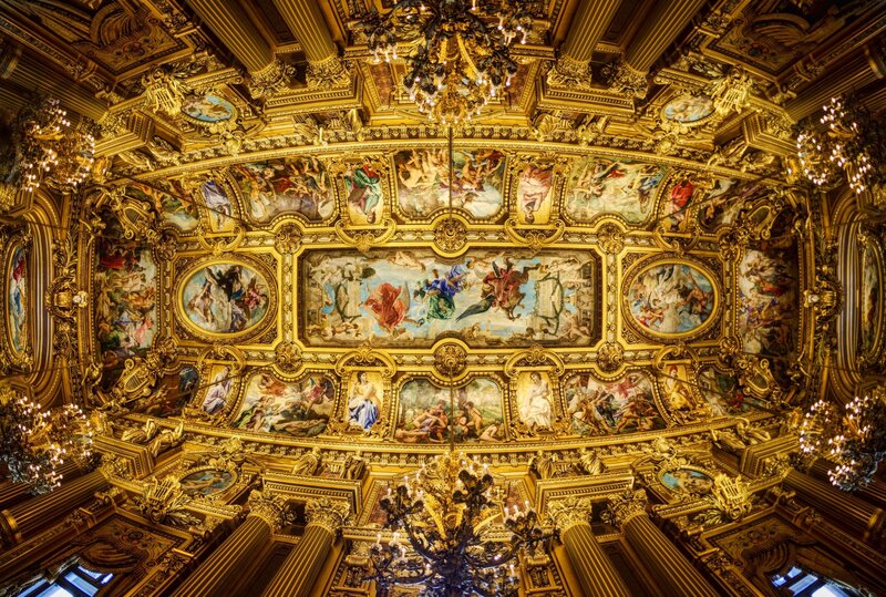 Ornate Ceiling Frescoes — Gold, Opulent, Photograph, Chandeliers