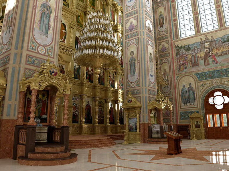 Ornate church interior with chandelier