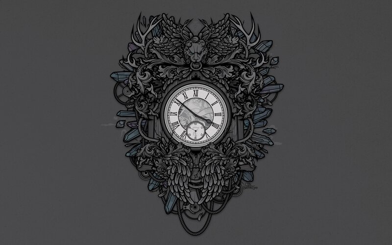 Ornate Clock with Wings — Gray, Dramatic