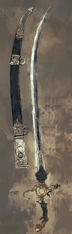 ornate curved sword and scabbard