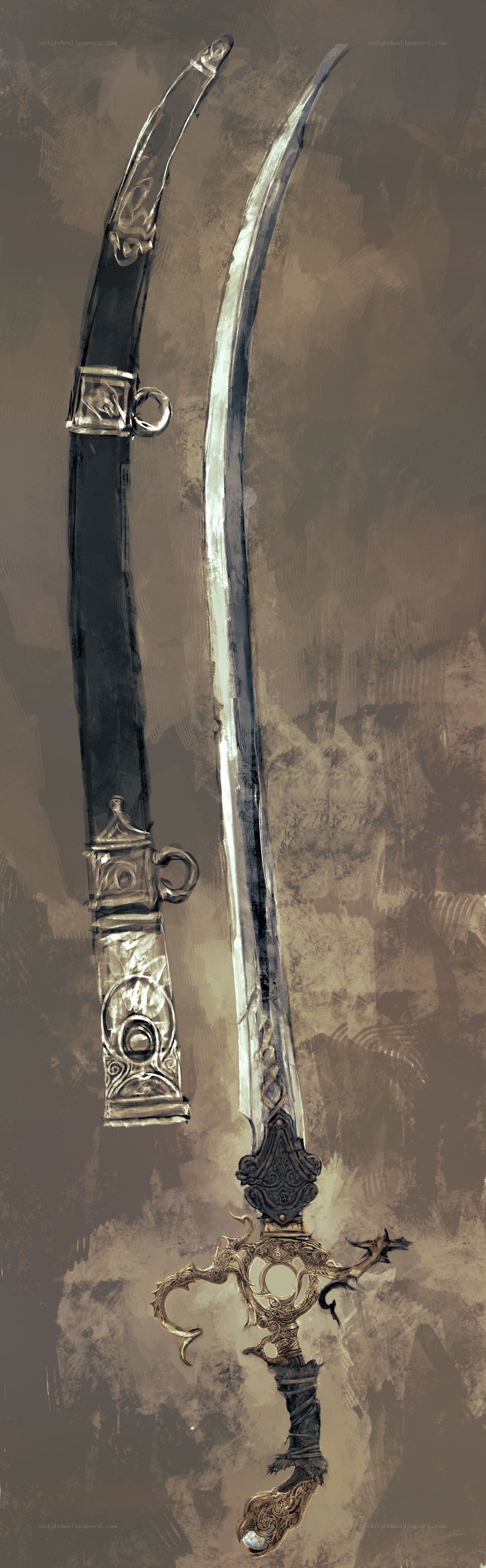 ornate curved sword and scabbard