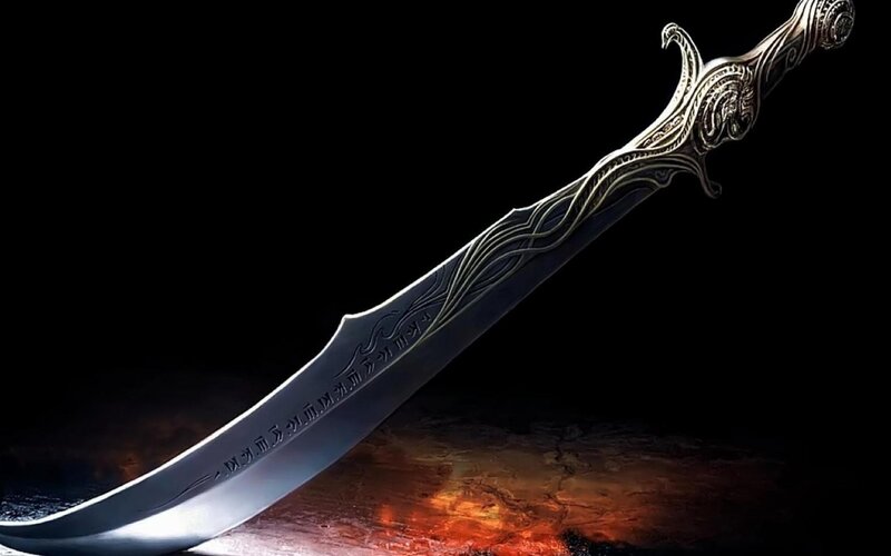 Ornate Curved Sword — Black, Dramatic, Digital Art