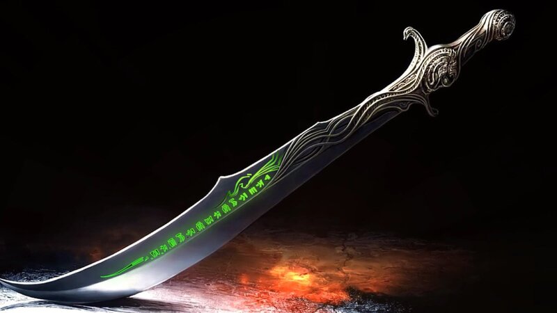 Ornate Curved Sword — Black, Dramatic, Night