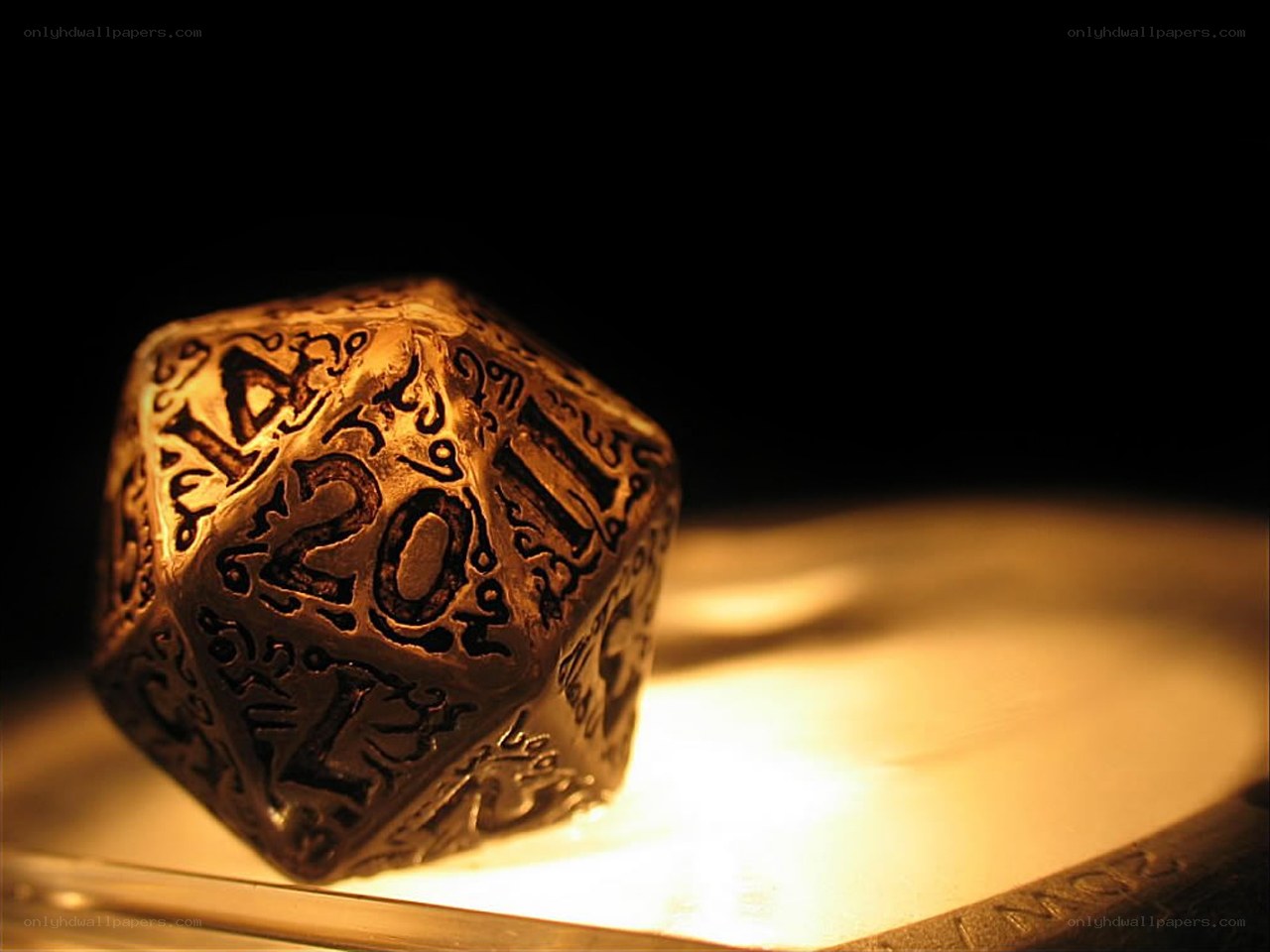 ornate d20 die in warm light