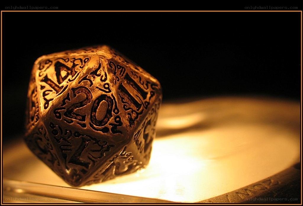 ornate d20 die in warm light