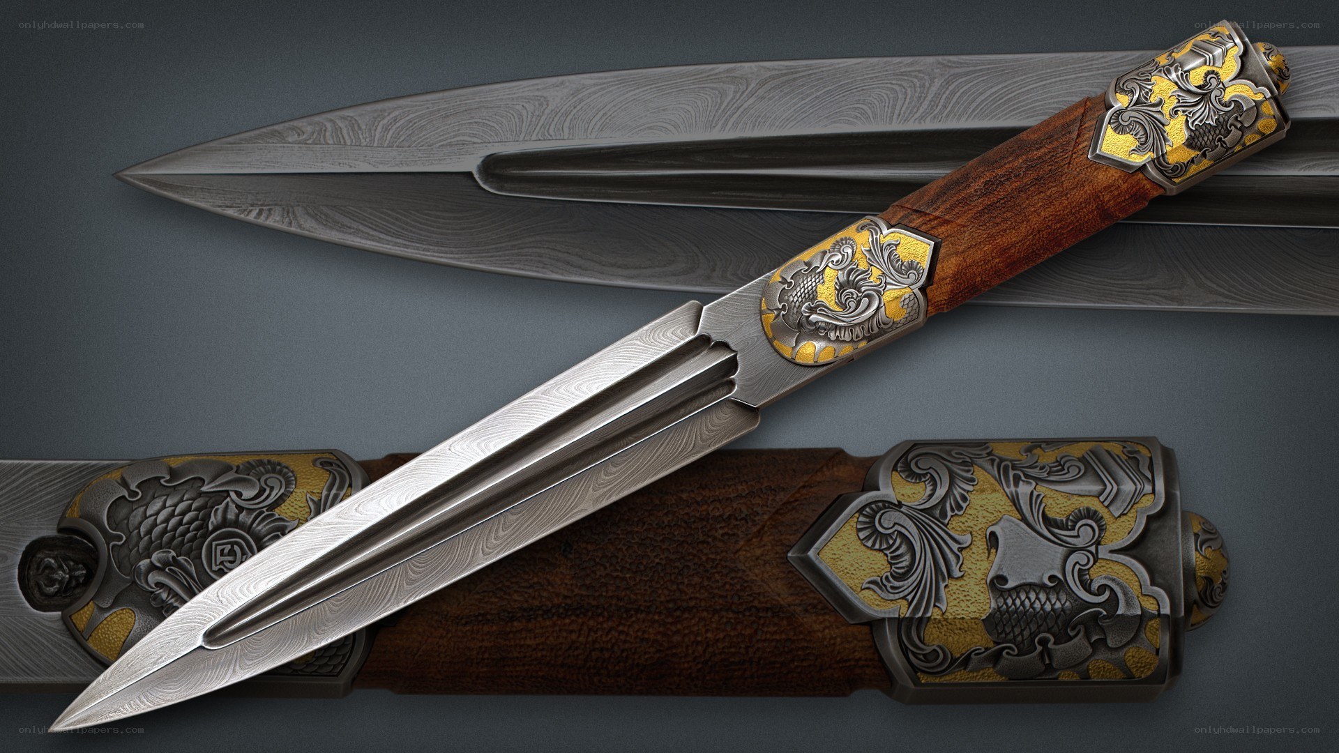 ornate dagger with damascus steel