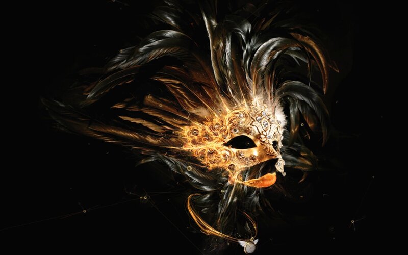 Ornate Feathered Mask — Black, Dramatic