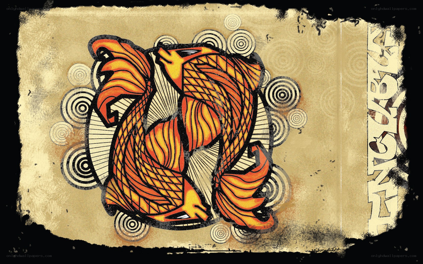 Ornate fish design on aged paper