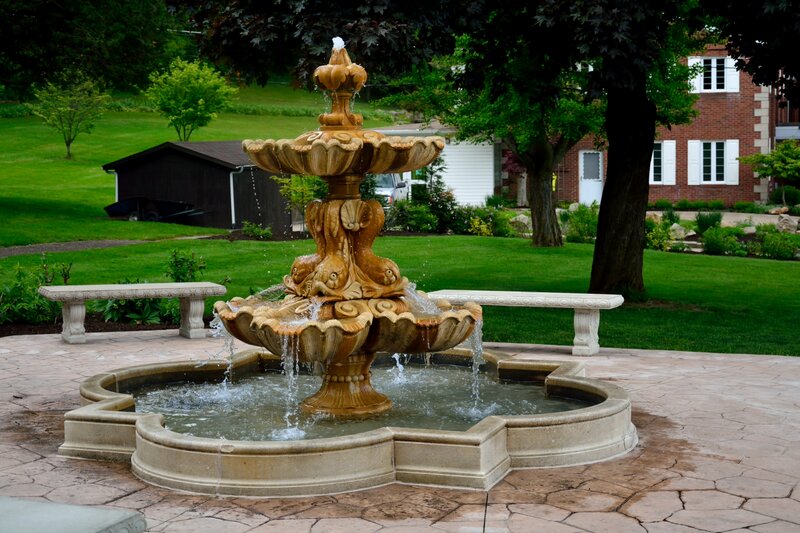 Ornate Fountain in Garden — Green, Serene, Afternoon