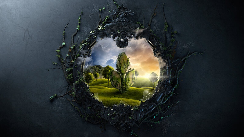 Ornate Frame with Landscape — Green