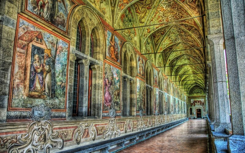 ornate fresco-covered cloister