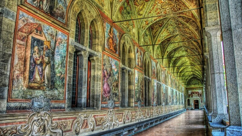 ornate fresco-covered cloister