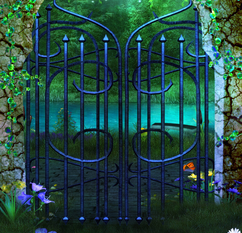 Ornate Gate in Garden — Blue