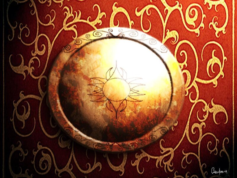 ornate golden emblem on red
