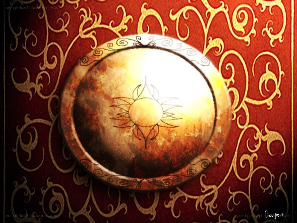 ornate golden emblem on red