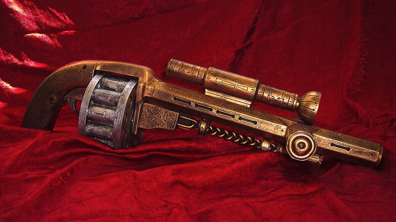 Ornate Golden Revolver — Red, Dramatic, Digital Art