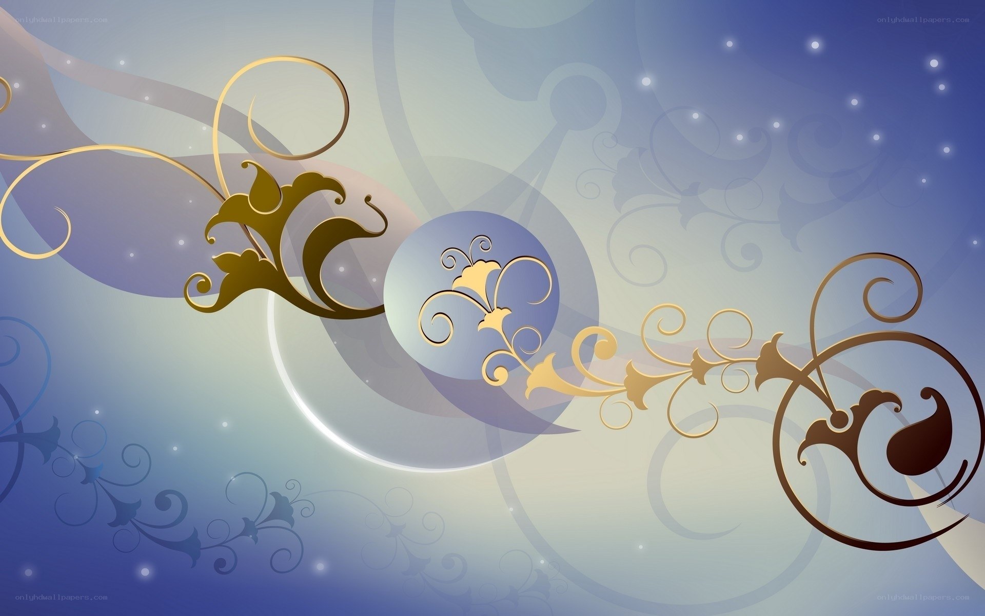 Ornate golden swirls on blue