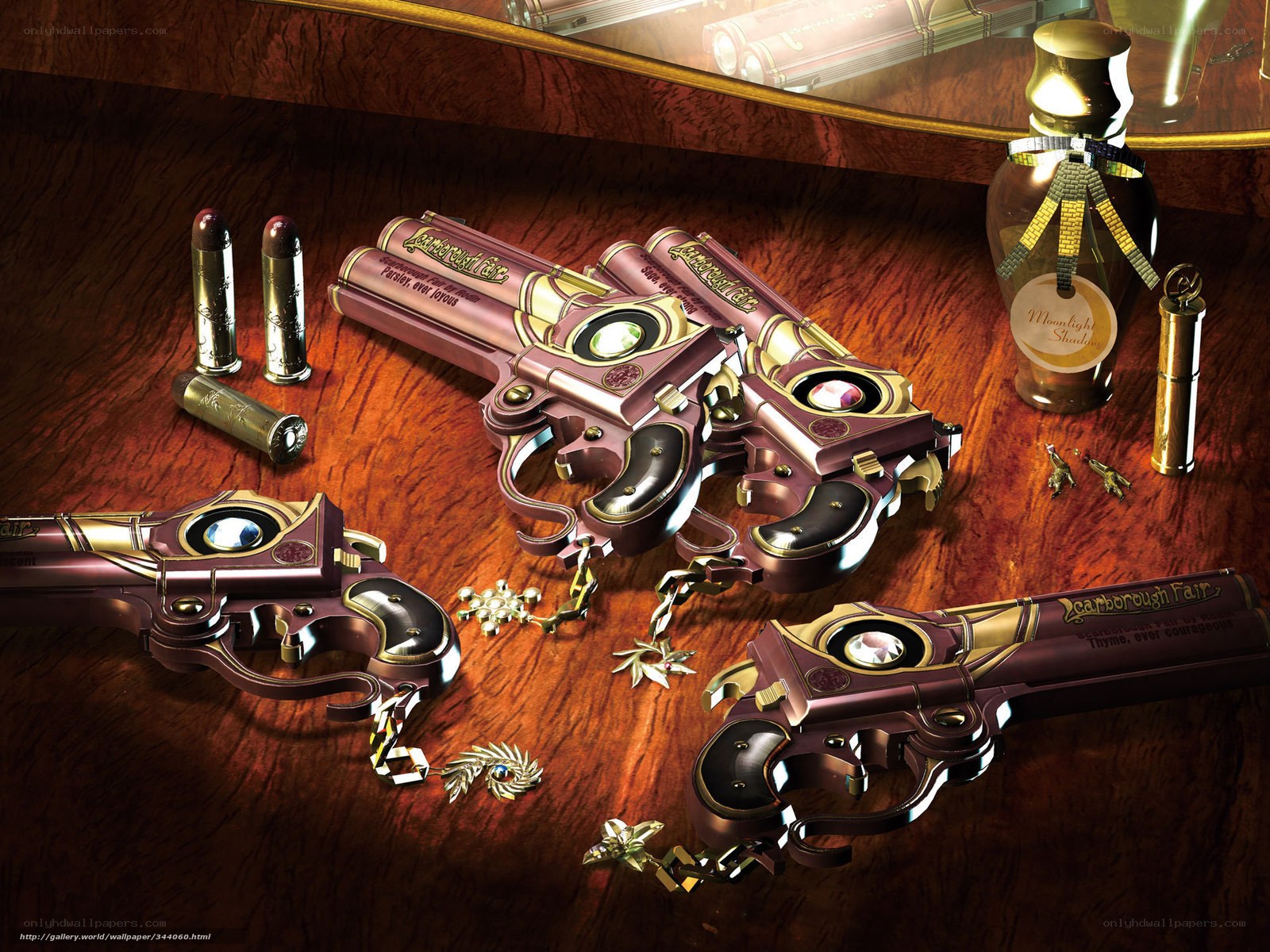 Ornate guns on wooden table