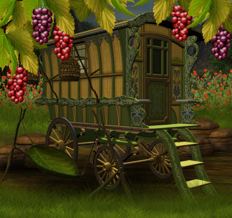 Ornate Gypsy Wagon — Green, Serene, Afternoon