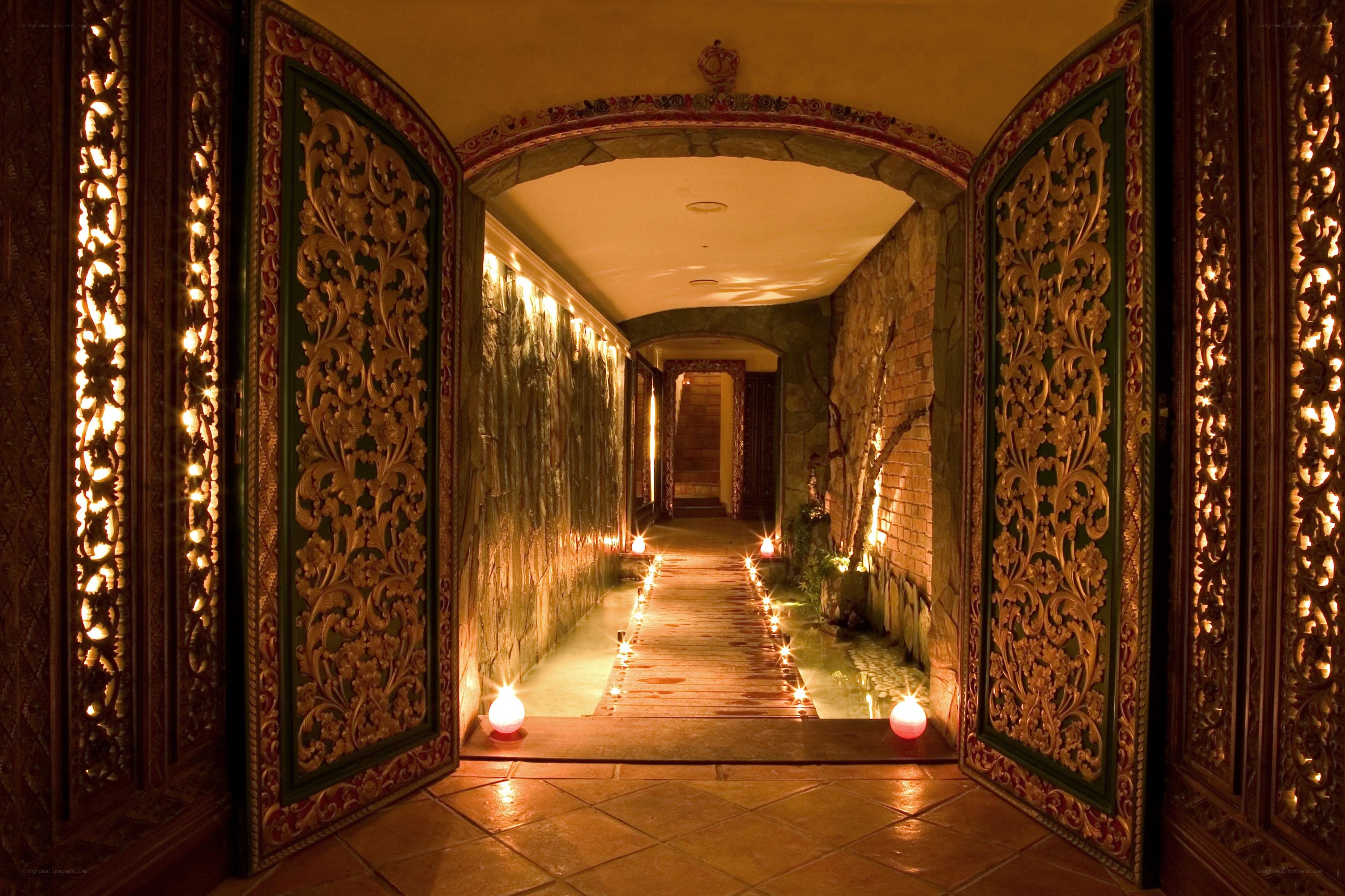 ornate hallway with candles