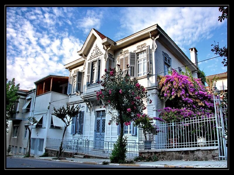 ornate house with purple flowers