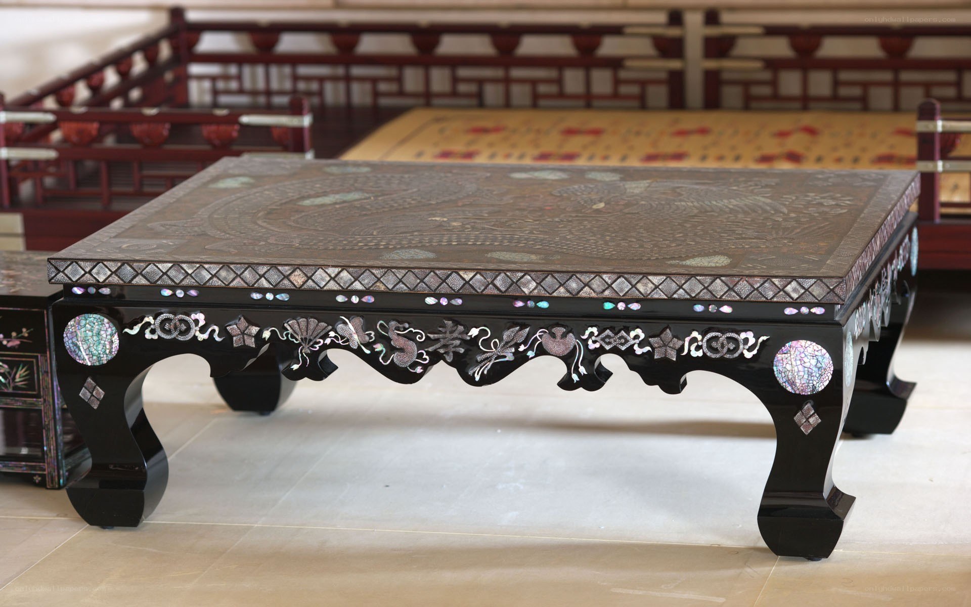 ornate inlaid coffee table