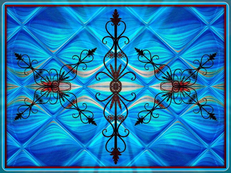 Ornate ironwork on blue pattern