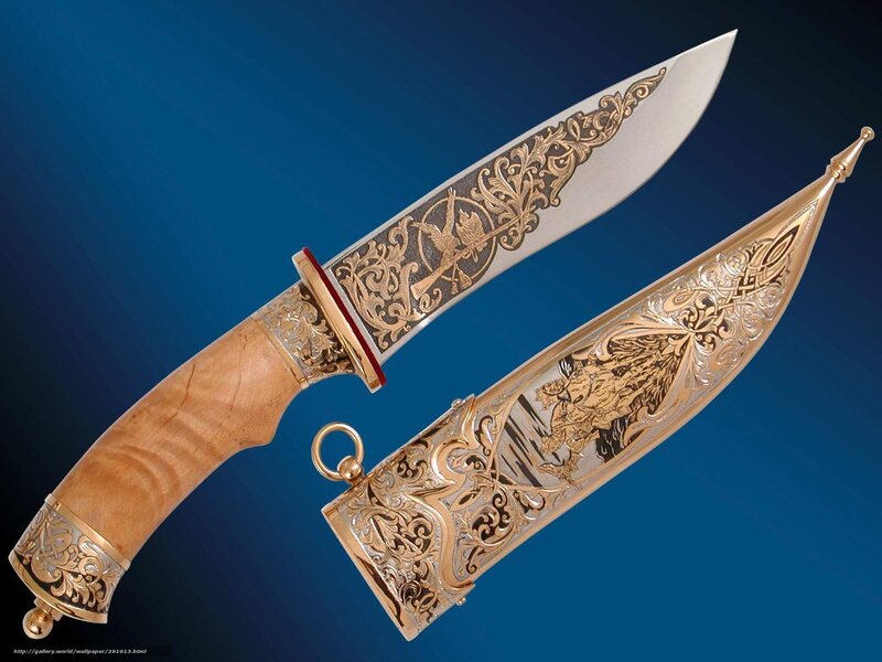 Ornate Knife and Sheath — Blue, Dramatic, Photograph, Wooden Handle, Engraving