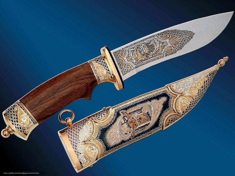 Ornate Knife and Sheath — Blue, Dramatic, Photograph, Wooden Handle, Metalwork