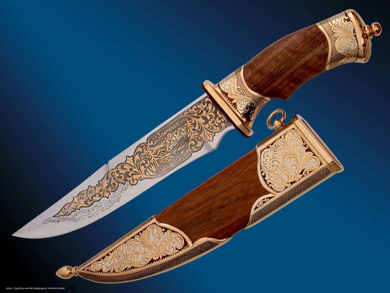Ornate Knife with Sheath — Blue, Dramatic, Photograph, Wooden Handle