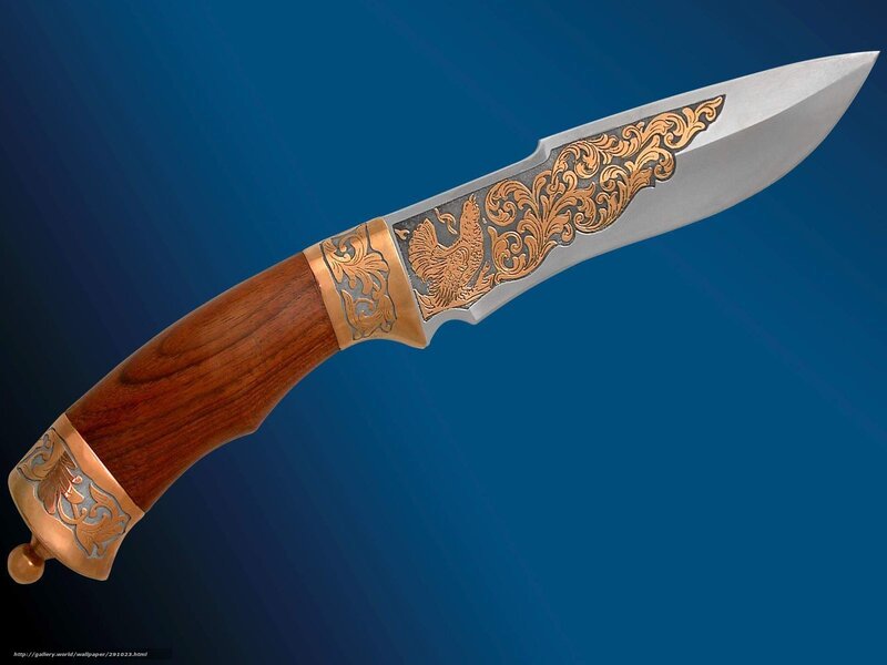 Ornate Knife with Wooden Handle — Blue, Dramatic