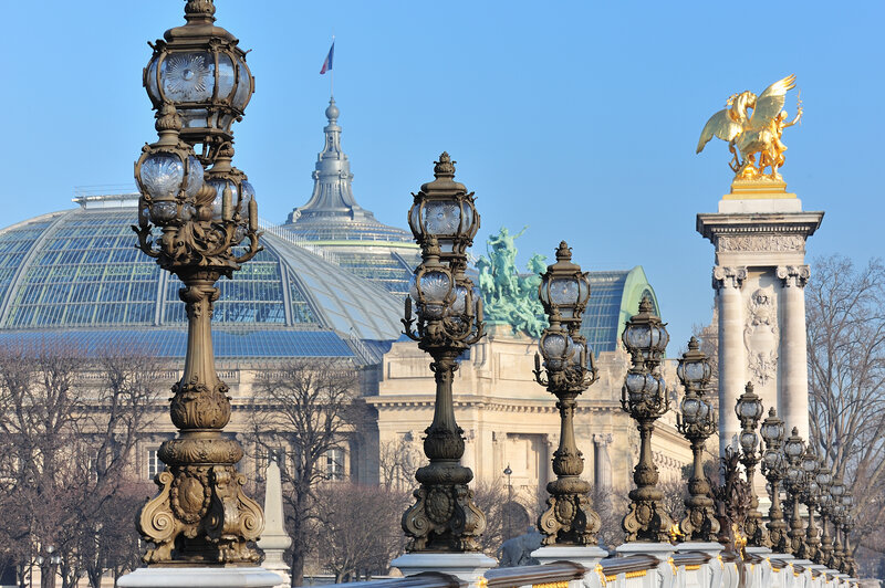 Ornate lamps and golden statue