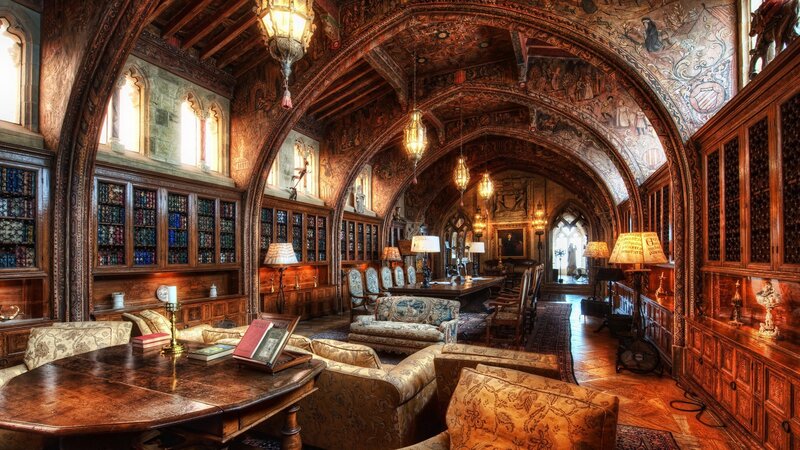 Ornate Library Interior — Brown, Dramatic, Photograph, Bookshelves, Armchairs