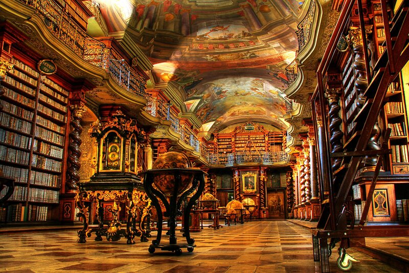 Ornate Library Interior — Brown, Dramatic, Photograph, Bookshelves, Globe, Ceiling Fresco, Ladder